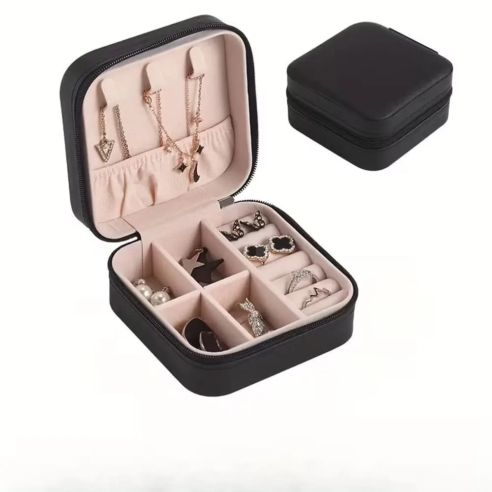 Boîte de rangement portable et étanche pour bijoux en PU avec fermeture éclair et compartiments amov