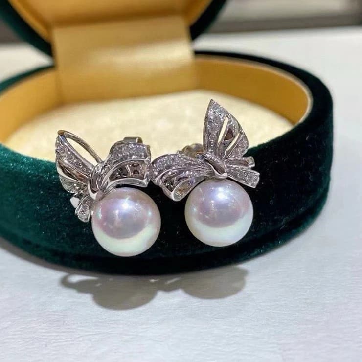 Certifié mode luxe concepteur 925 argent nœud papillon perle oreille Stud 9-10mm rose rond Aurora Lu