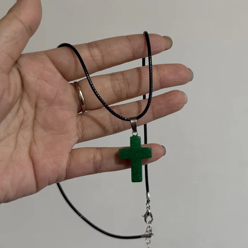 Pendentif croix en pierre naturelle bohème, corde en cuir noir, Quartz Rose, Onyx, opale, œil de tig