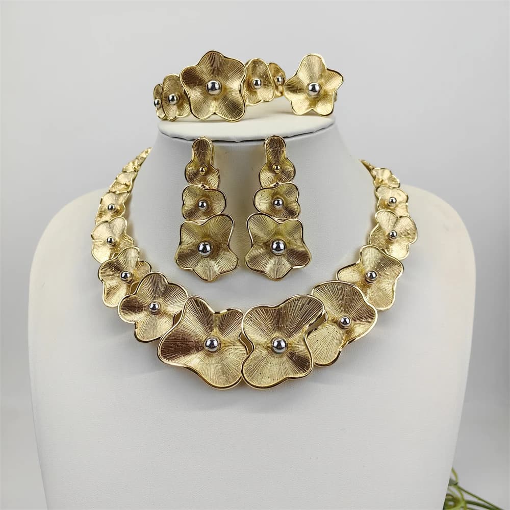 Ensemble de bijoux plaqué or italien, collier, boucles d'oreilles, bracelet, bagues pour femmes, nou