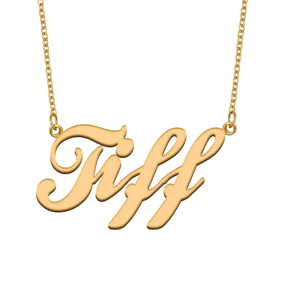 Collier avec nom Tiff en acier inoxydable plaqué or pour femmes, pendentif avec plaque signalétique,