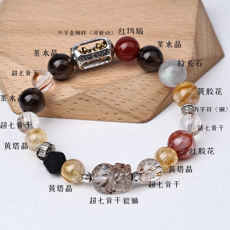 Bracelet multi-gemmes en quartz fumé naturel pour réussir et richesse, série unisexe "Bright Future"