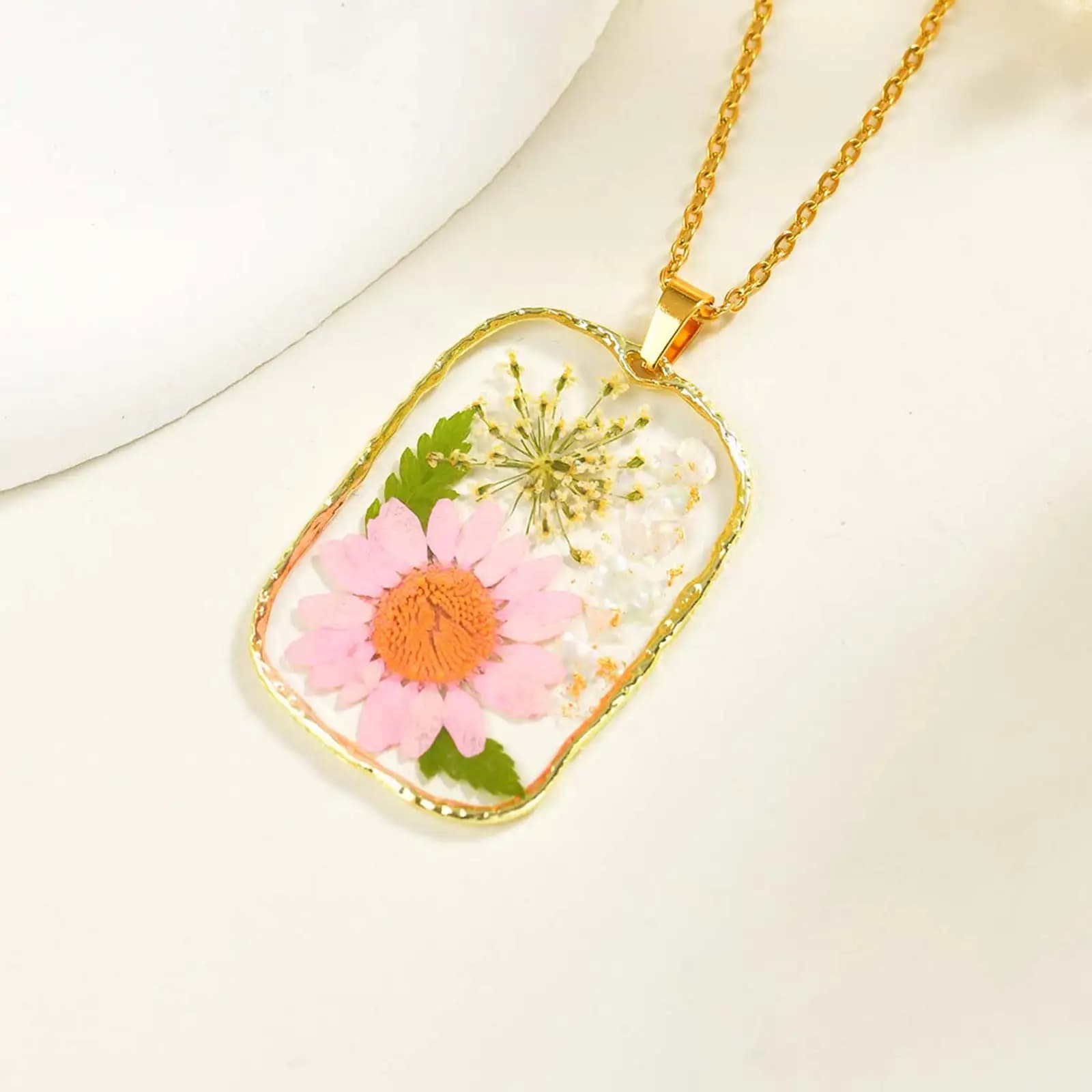 Collier pendentif fleurs séchées pour femmes, colliers de fleurs sèches géométriques en résine, bijo