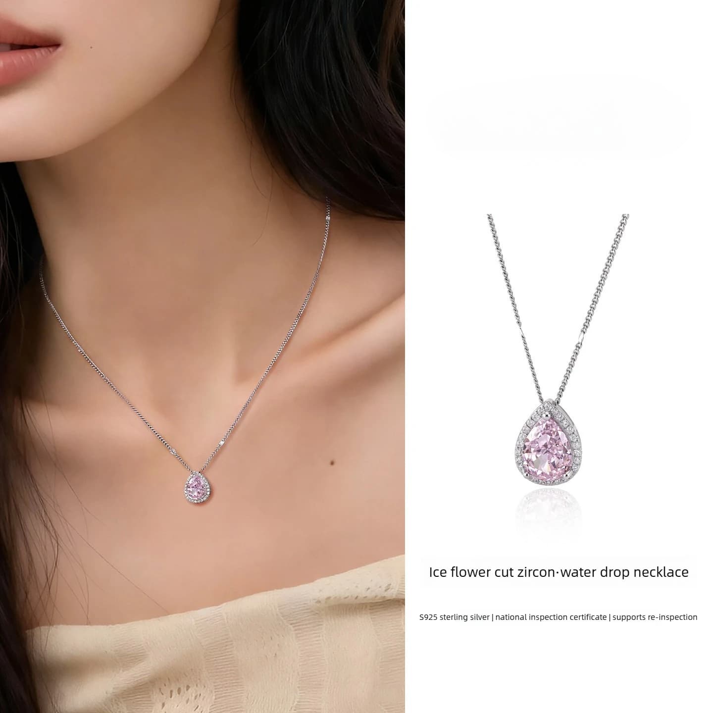 Collier Goutte d'Eau en Argent Sterling S925 avec Pendentif Zircon Taille Fleur de Glace, Chaîne de 