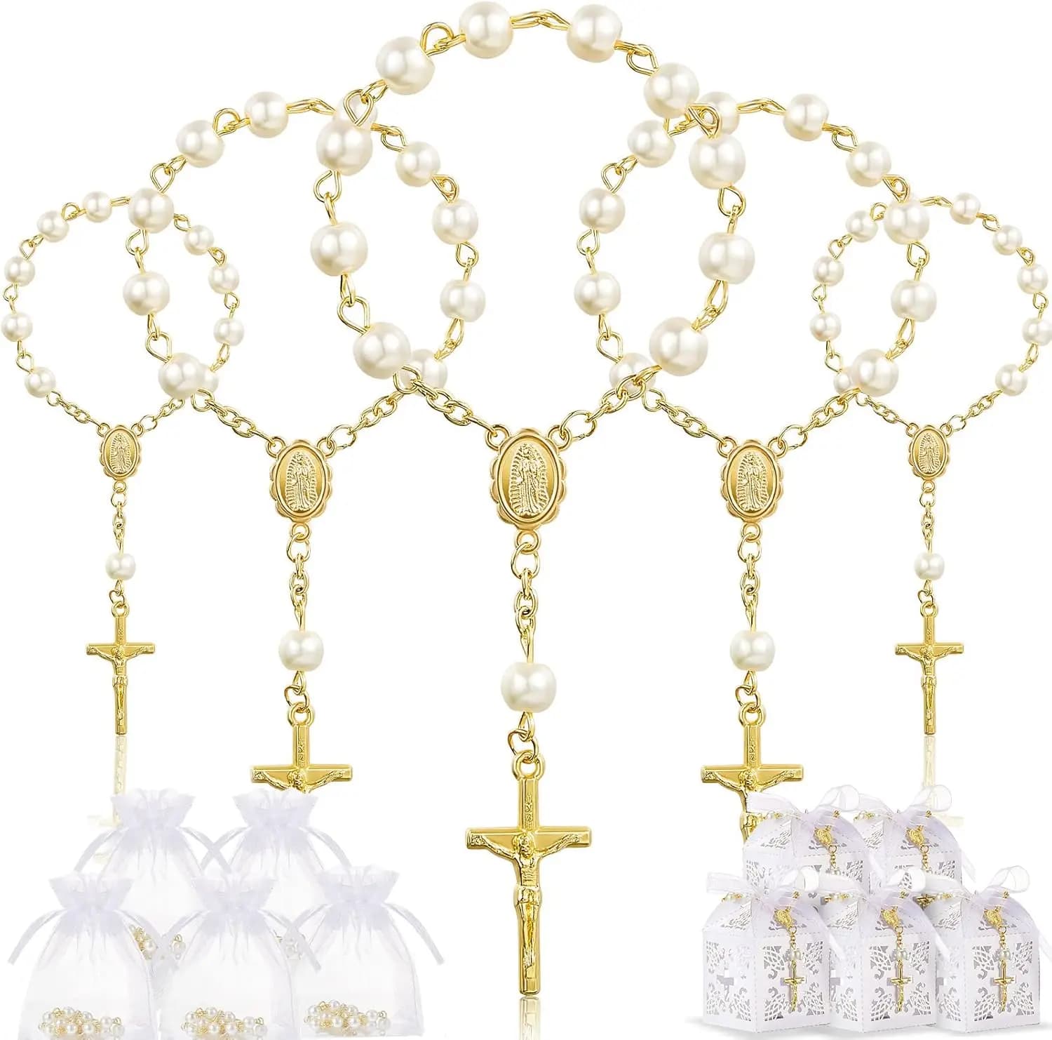 Ensemble De 20 cadeaux De baptême, chapelet en acrylique, fausses perles avec sacs en Organza et boî