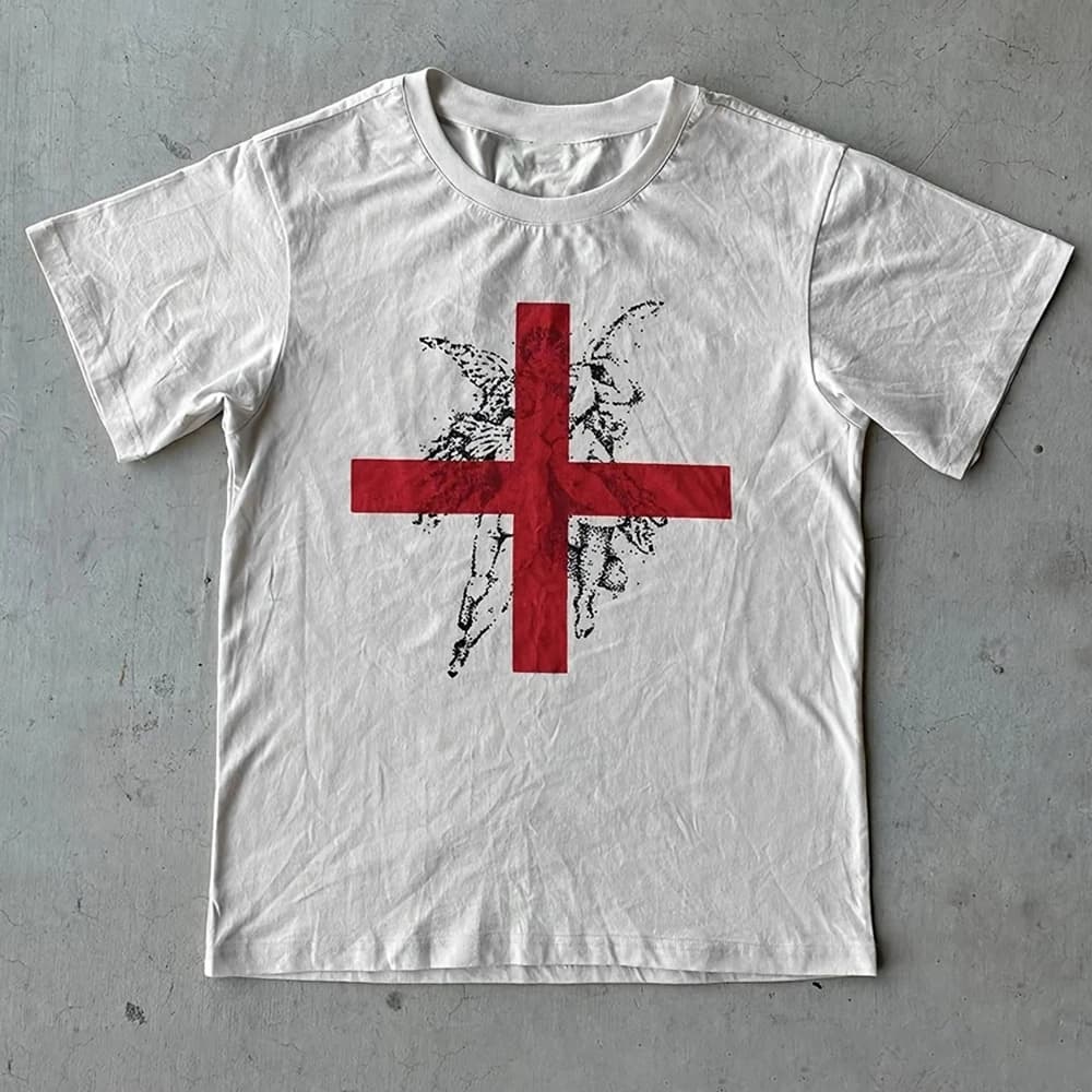 T-shirt homme style gothique sombre avec imprimé croix rouge, délavé et vieilli, coupe ample, manche