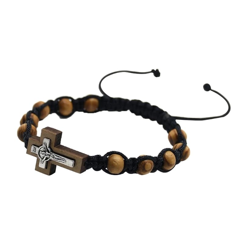 Bracelets perles en bois chrétien, chapelet catholique croisé pour hommes femmes, bracelet réglable,