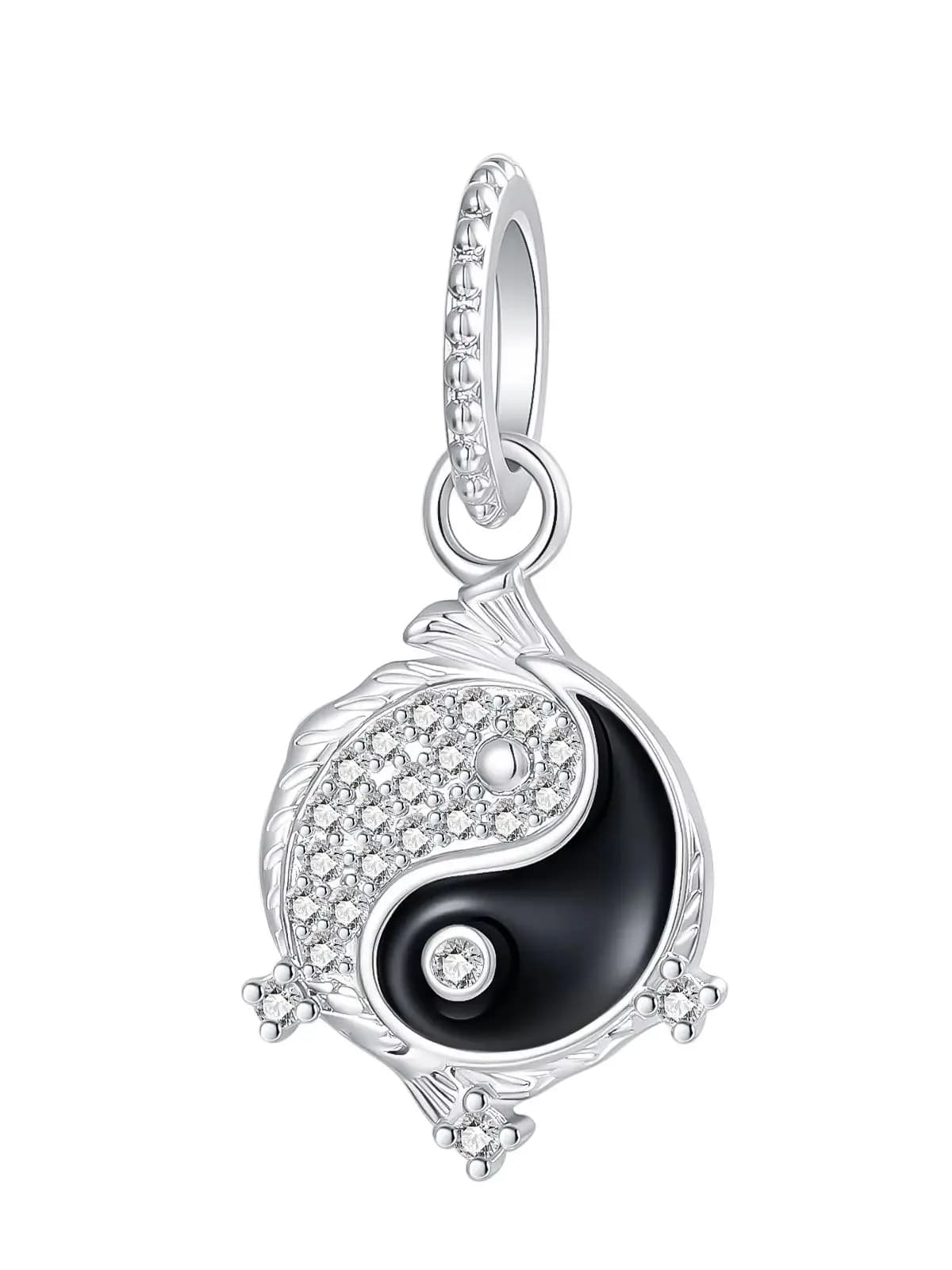 Breloque Pendentif Poisson Koi Yin Yang en Argent Sterling S925, Pavé de Zircons Noirs et Cubiques, 