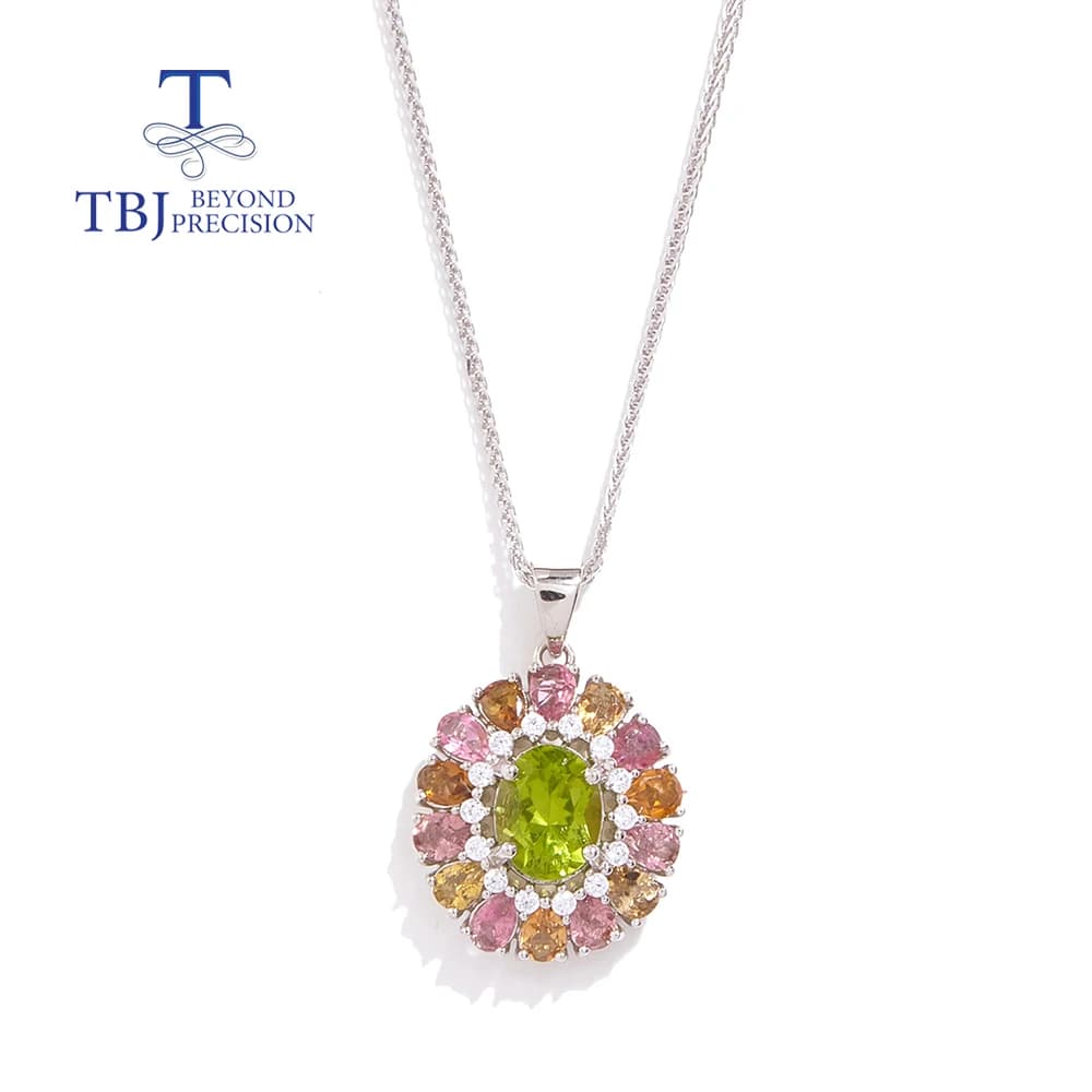 Collier pendentif fleur en pierres précieuses colorées 2026, péridot et tourmaline naturels pour fem