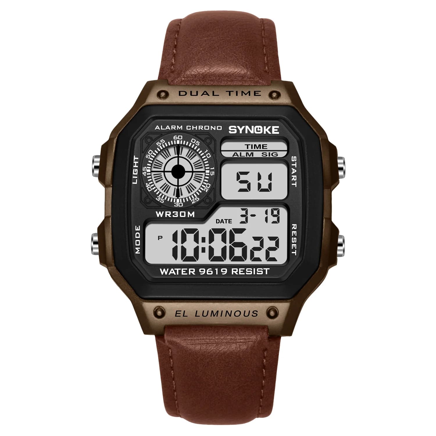 Montre électronique étanche avec bracelet en cuir pour homme, réveil multifonction, sports de plein 