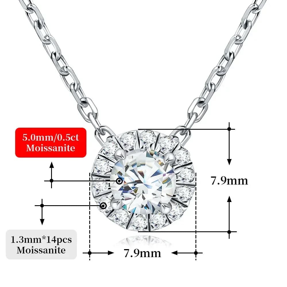 Collier pendentif Halo Moissanite 0,5 ct/1 ct, couleur D, coupe ronde, plaqué or blanc 18 carats, ar