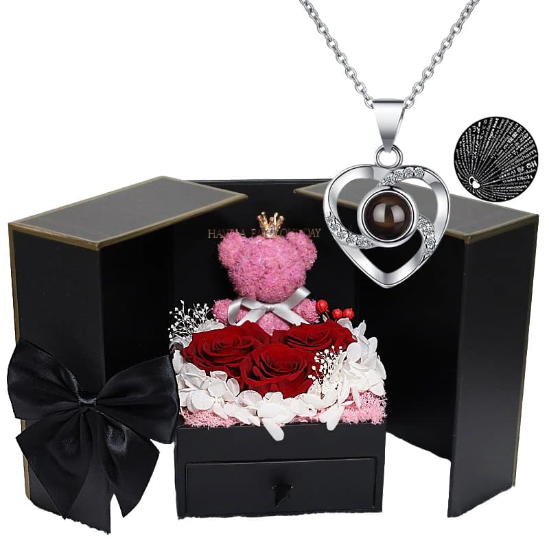 Boîte ours Rose éternelle avec Projection de collier coeur 100 langues je t'aime pendentif coeur bij