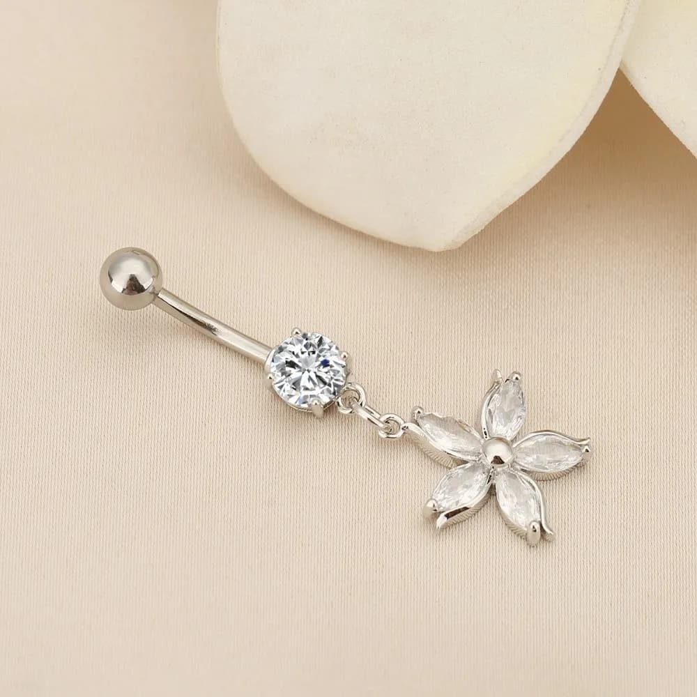Piercing de nombril en alliage avec strass, bicolore, motif fleur d'abricot brillante, mini-bijou pe