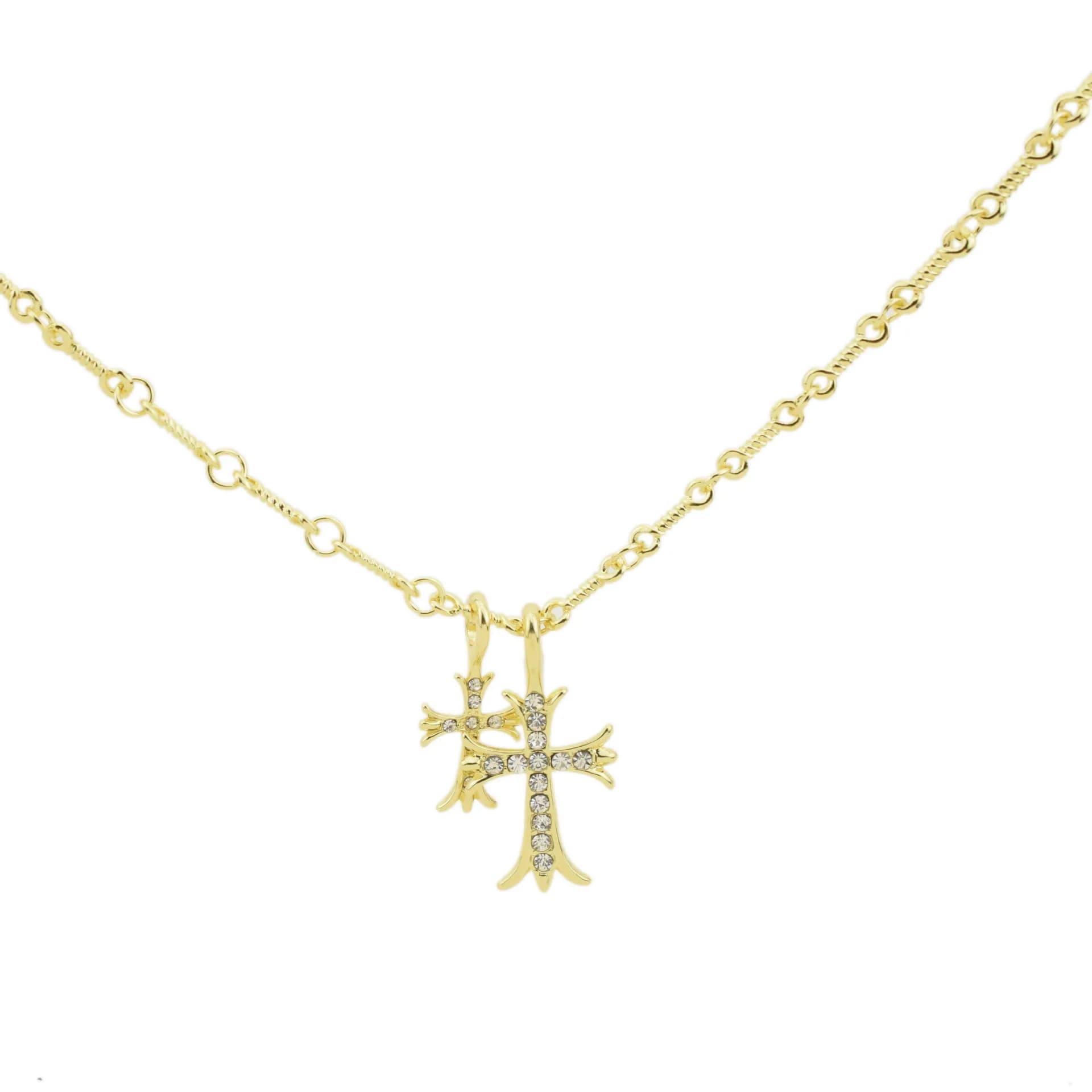 Collier double croix entièrement serti de diamants, pendentif hip-hop rétro, chaîne de clavicule, ch