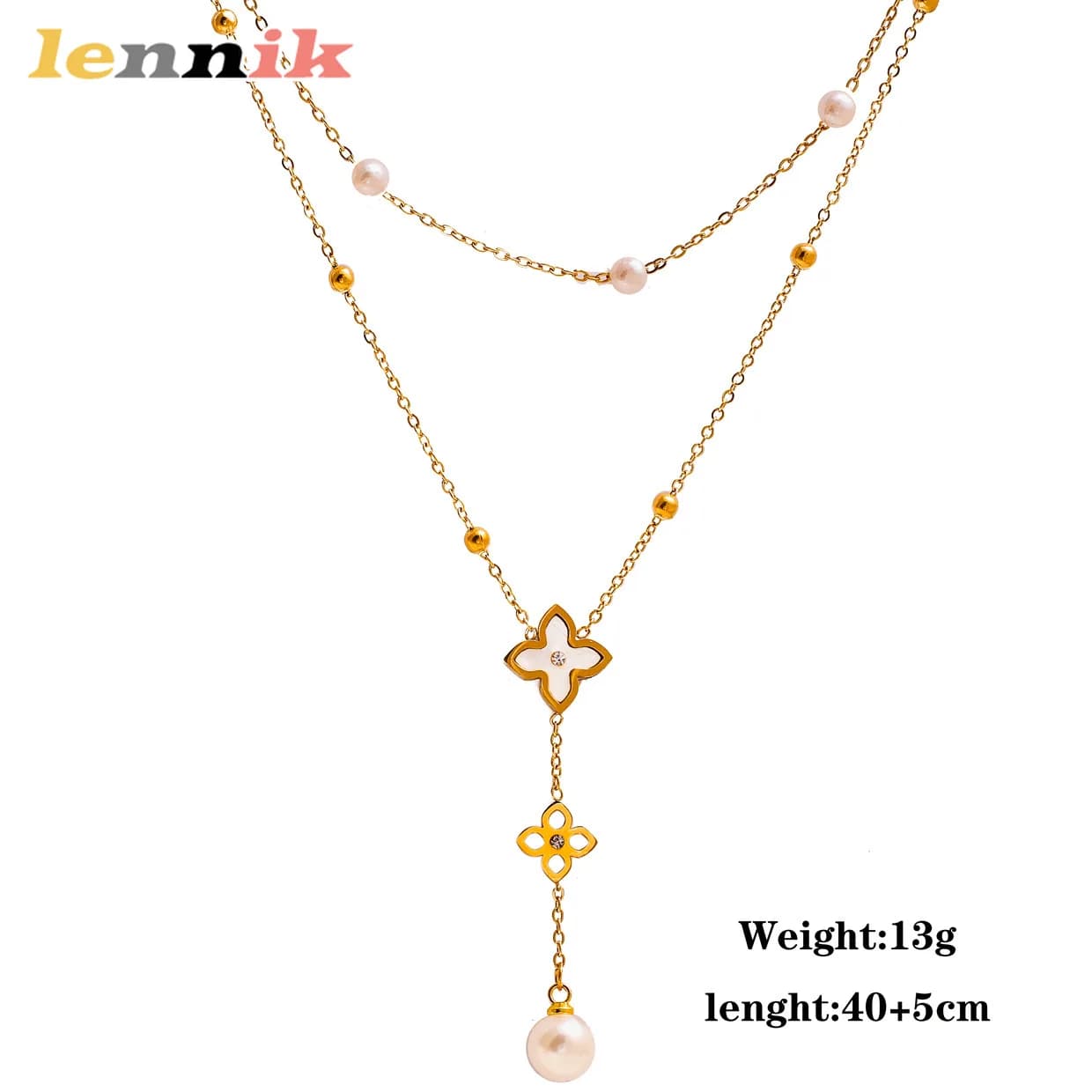 LENNIK Collier trèfle à quatre feuilles Lucky Pearl, design tendance à double pompon en acier titane