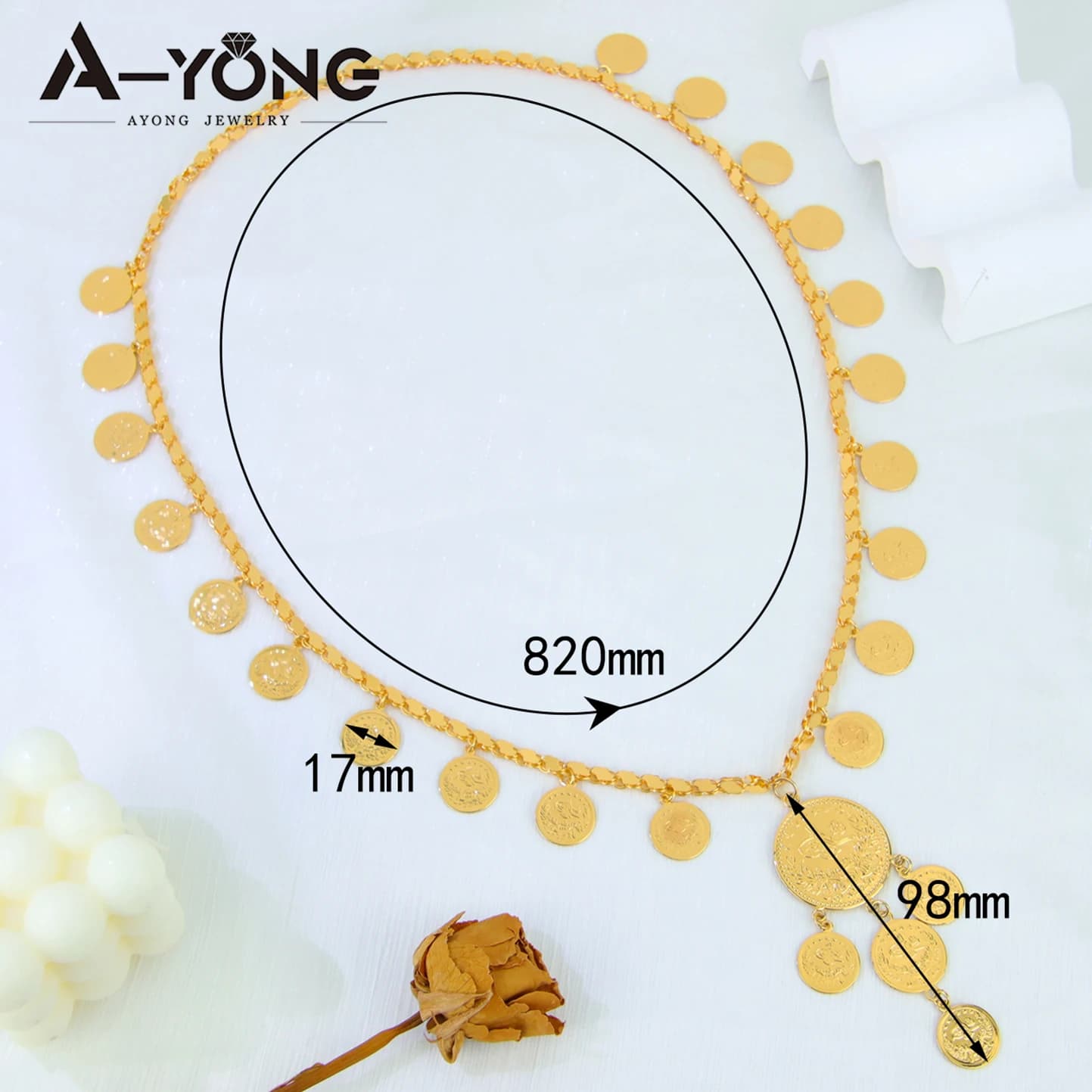 Collier de mode arabe avec pièces de monnaie, plaqué or 24 carats, long collier de luxe pour mariée 