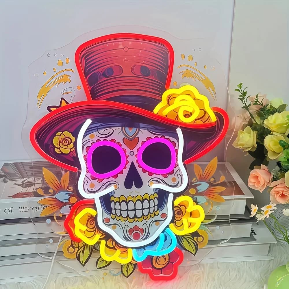 Enseigne néon mexicaine tête de mort en sucre - Alimentation USB, décoration murale Jour des Morts a
