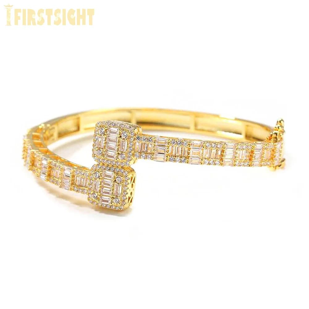 Bracelet Iced Out Bling Zircon pour hommes et femmes, bracelet carré ouvert, bijoux de luxe Hip Hop,