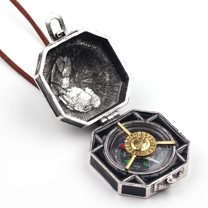 Collier Boussole Vintage avec Pendentif Montre de Poche Jack pour Homme, Long Cordon Émaillé Noir, C