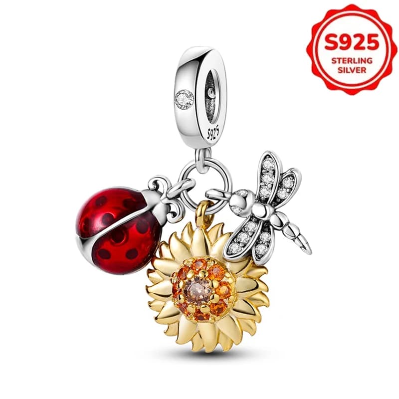 Breloques en argent 925 en forme de coccinelle, tournesol, libellule pour bracelets originaux pour f