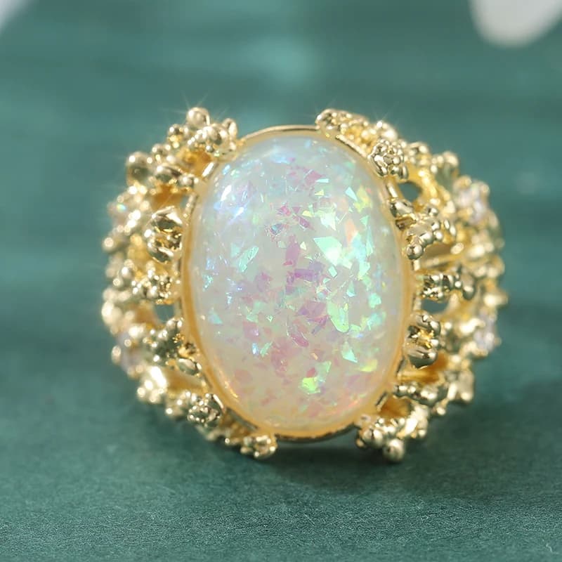 Bague élégante de luxe ovale en opale synthétique plaquée or et corail pour femme, accessoires de bi