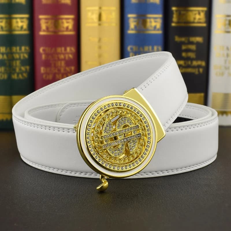 Ceinture automatique de luxe en cuir véritable pour hommes, avec strass, boucle rotative en métal, c