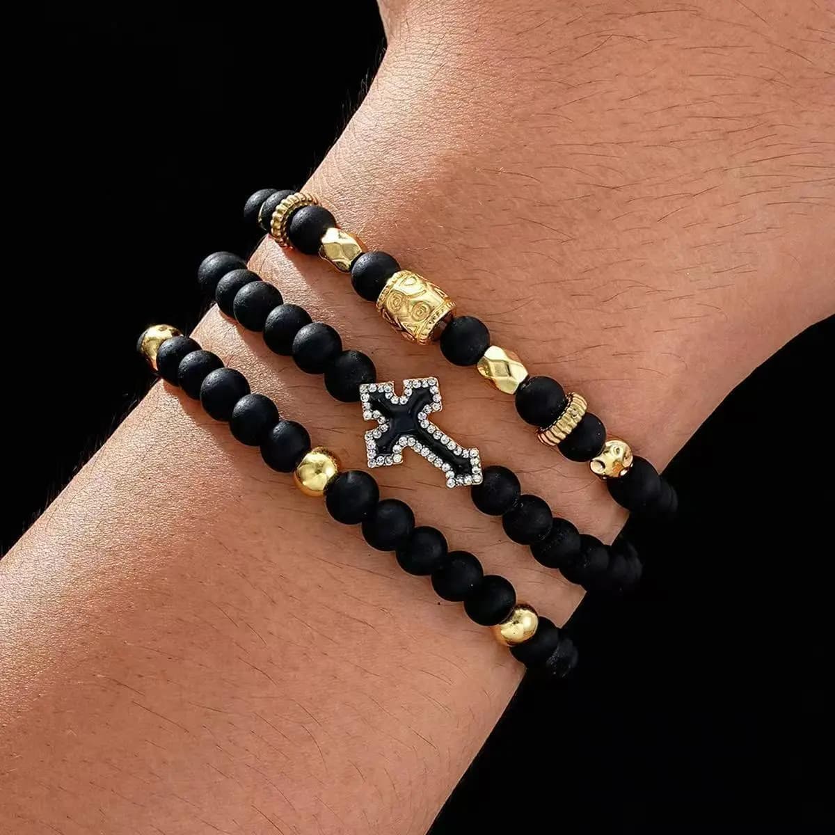 Ensemble de bracelets empilables en onyx noir avec croix gothique pour hommes, chaînes de main de lu
