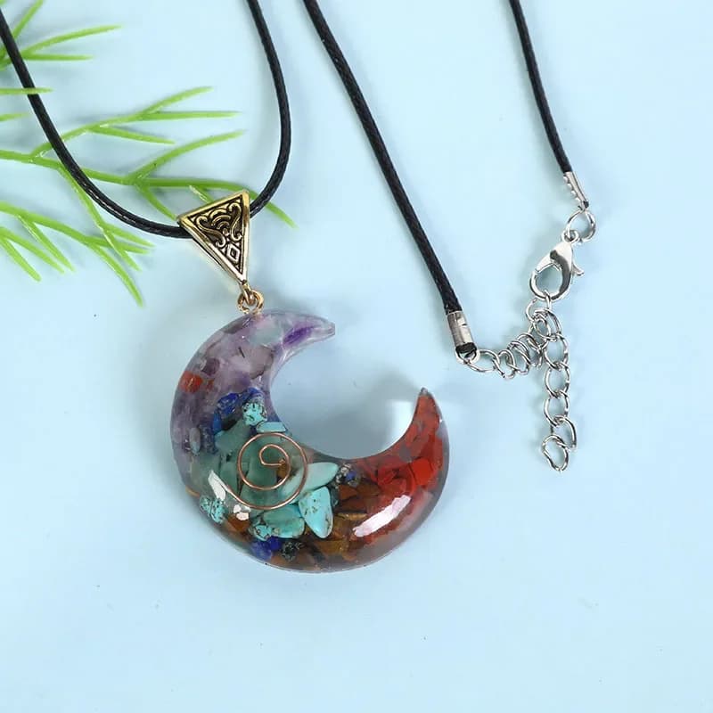 Collier en pierre de cristal arc-en-ciel pour hommes et femmes, pendentif lune, breloque en résine d