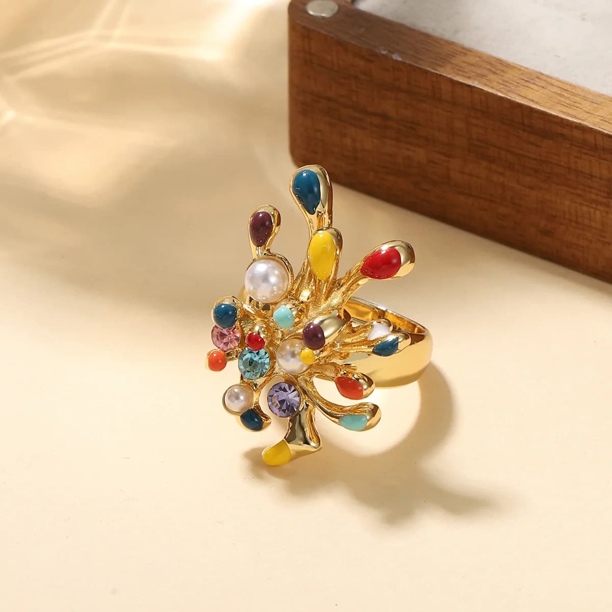 Bague Bohème Chic en Pierres Précieuses Colorées pour Femme - Bague Statement en Perle Émaillée Plaq
