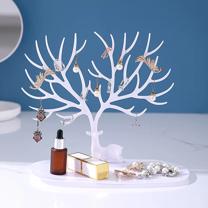 Organisateur de bijoux de bureau multifonctionnel en forme d'arbre avec plateau pour boucles d'oreil