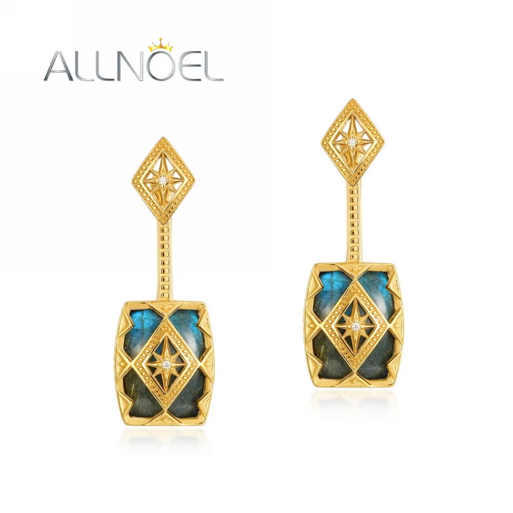 ALLNOEL-Boucles d'Oreilles Pendantes en Argent 925 pour Femme, Labrumen Naturel, Plaqué Or, Bijoux V