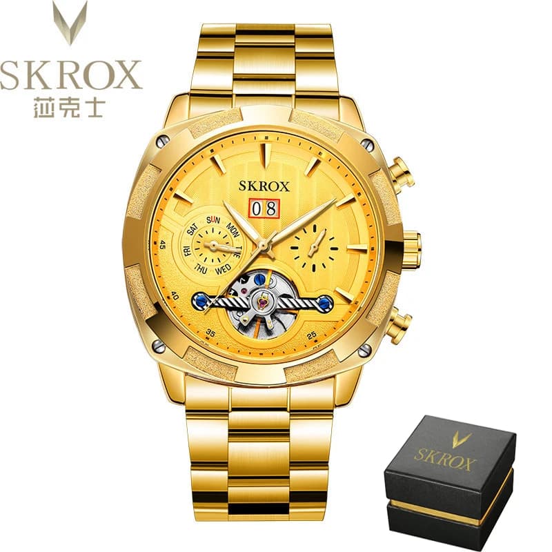 SKROX-Montre-Bracelet Mécanique en Acier Inoxydable pour Homme, Tourbillon, Mouvement existent, Étan