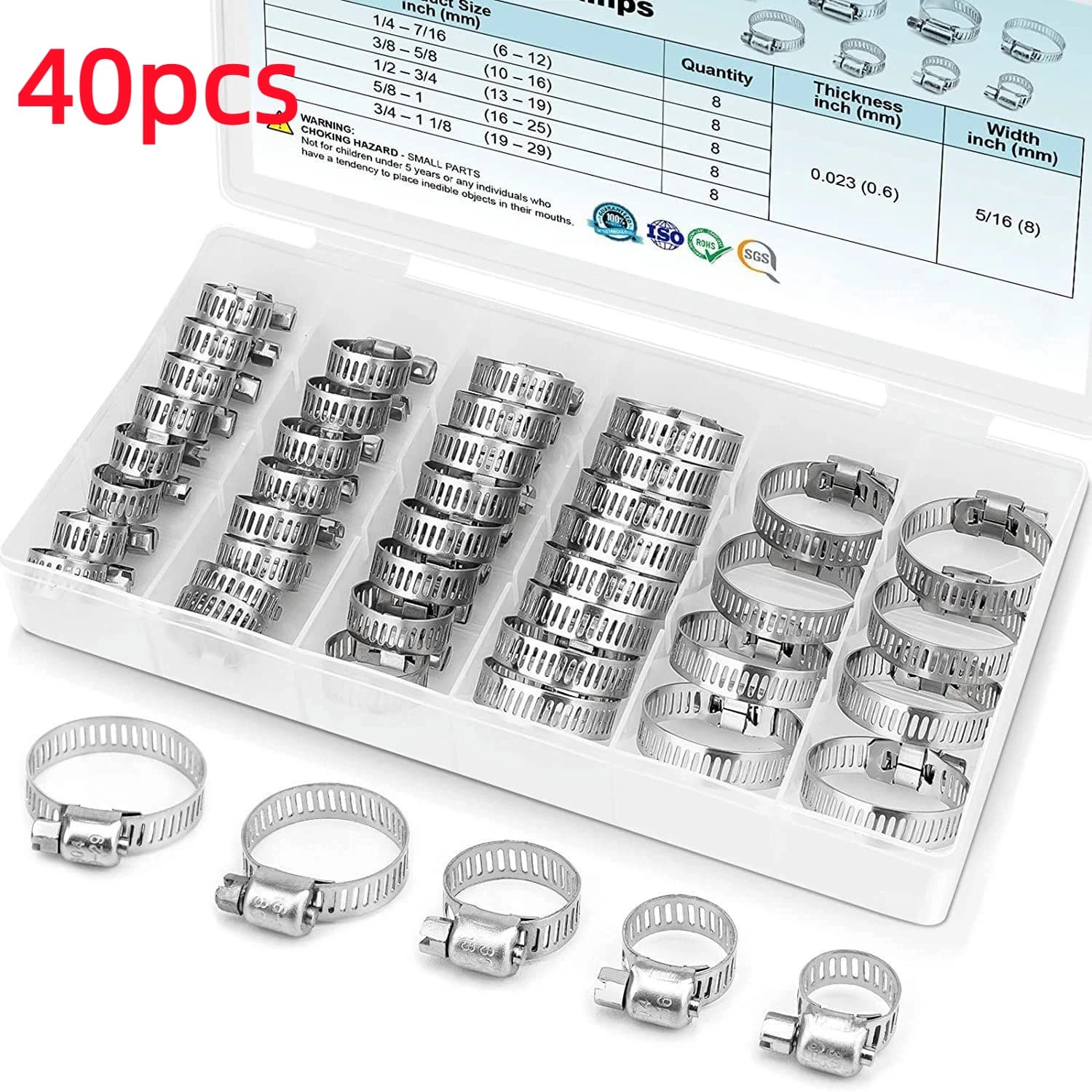40/60 pièces Colliers de serrage à vis réglables en acier inoxydable 8-38mm pour tuyaux de carburant