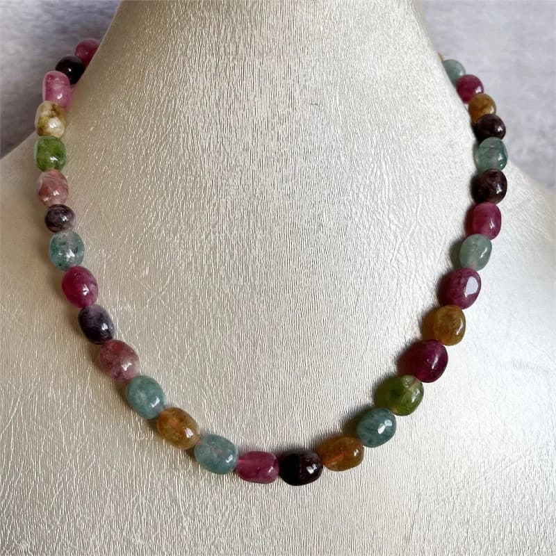 Collier en pierre naturelle de pépite de tourmaline, bijoux de diversification, rose, jaune, vert, m