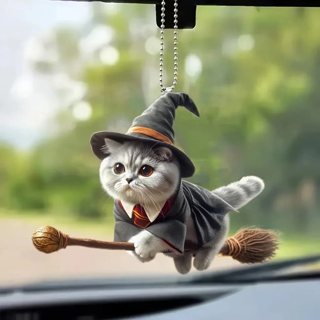 Pendentif de voiture suspendu avec chaîne, Animal réaliste en forme de chat, rétroviseur suspendu, a