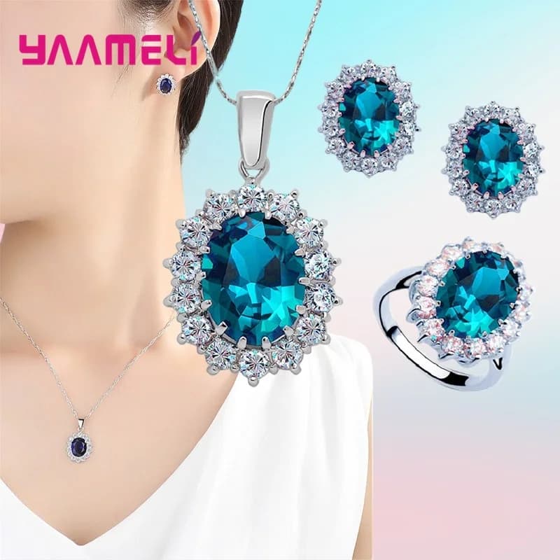 Authentique 925 argent Sterling plaqué femmes mariage fiançailles bijoux ensembles princesse ovale Z
