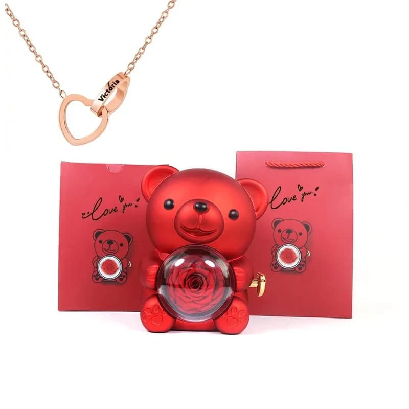 Boîte à bijoux ours en peluche Rose éternelle, avec nom personnalisé, collier, cadeau spécial de mar