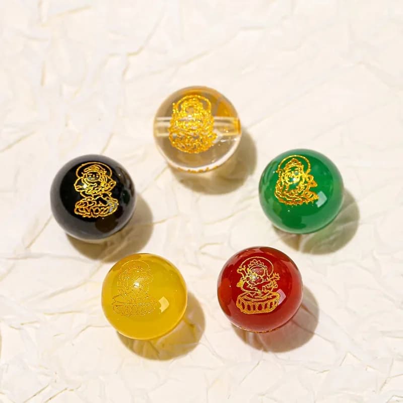 JingDian Jewelry Perles rondes en agate de cristal naturel estampées or, motif Dieu de la Richesse d