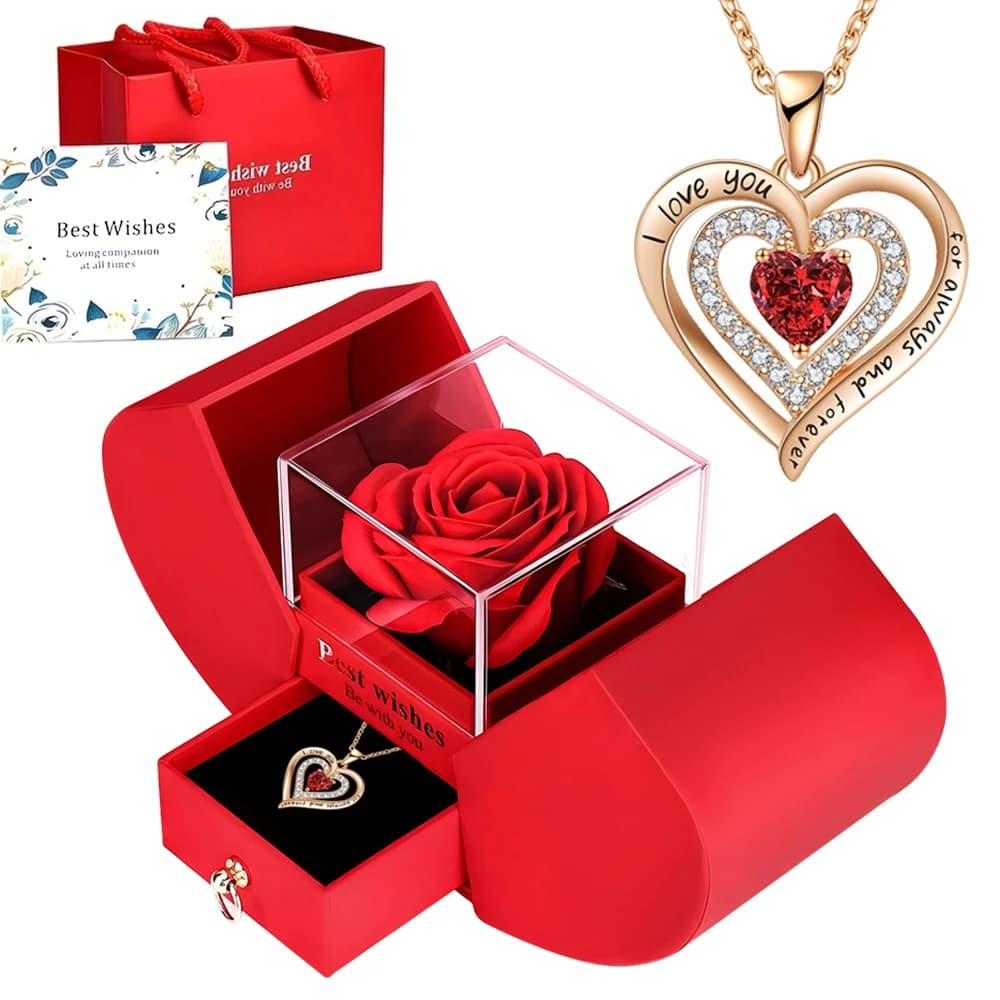 Boîte à bijoux à double porte Rose éternelle avec collier en forme de coeur – Cadeau parfait pour an