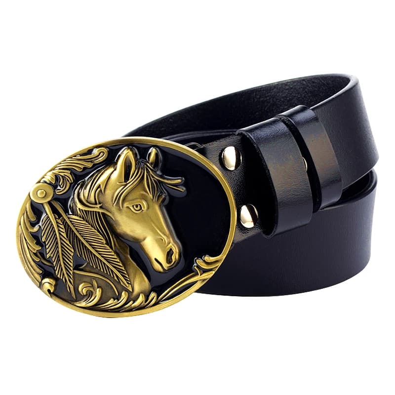 Ceinture à boucle tête de cheval doré, en cuir de vache, à la mode, Style Cowboy occidental, cadeau 