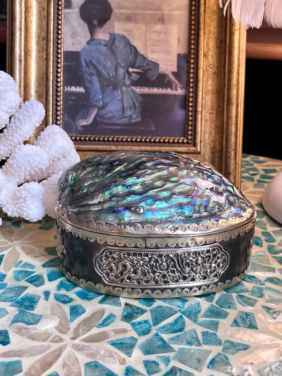 Boîte à bijoux en coquillage Vintage d'asie du sud-est, organisateur de trésors au clair de lune de 