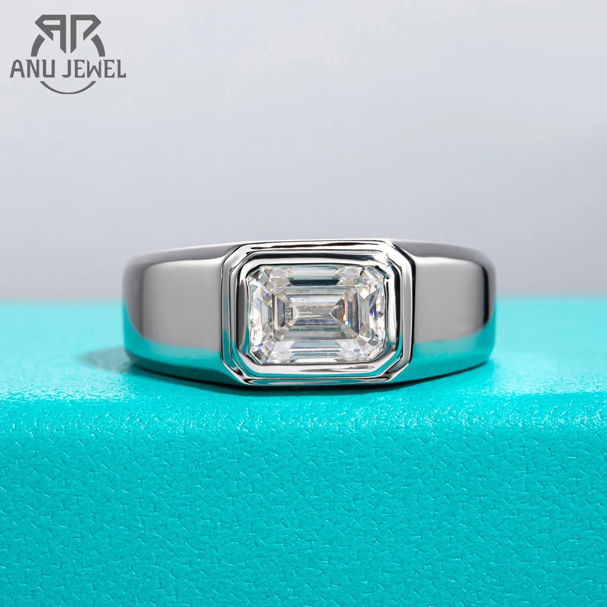 AnuJewel 2ct D Couleur Émeraude Moissanite Hommes Bague En Argent Sterling 925 Plaqué Or 18K Bagues 