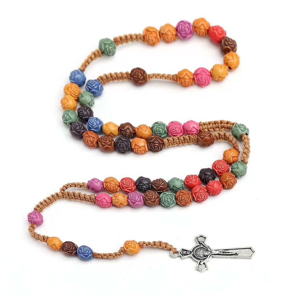Collier Chapelet Catholique Religieux Fait Main avec Perles de Rose Colorées, Pendentif Crucifix Dur