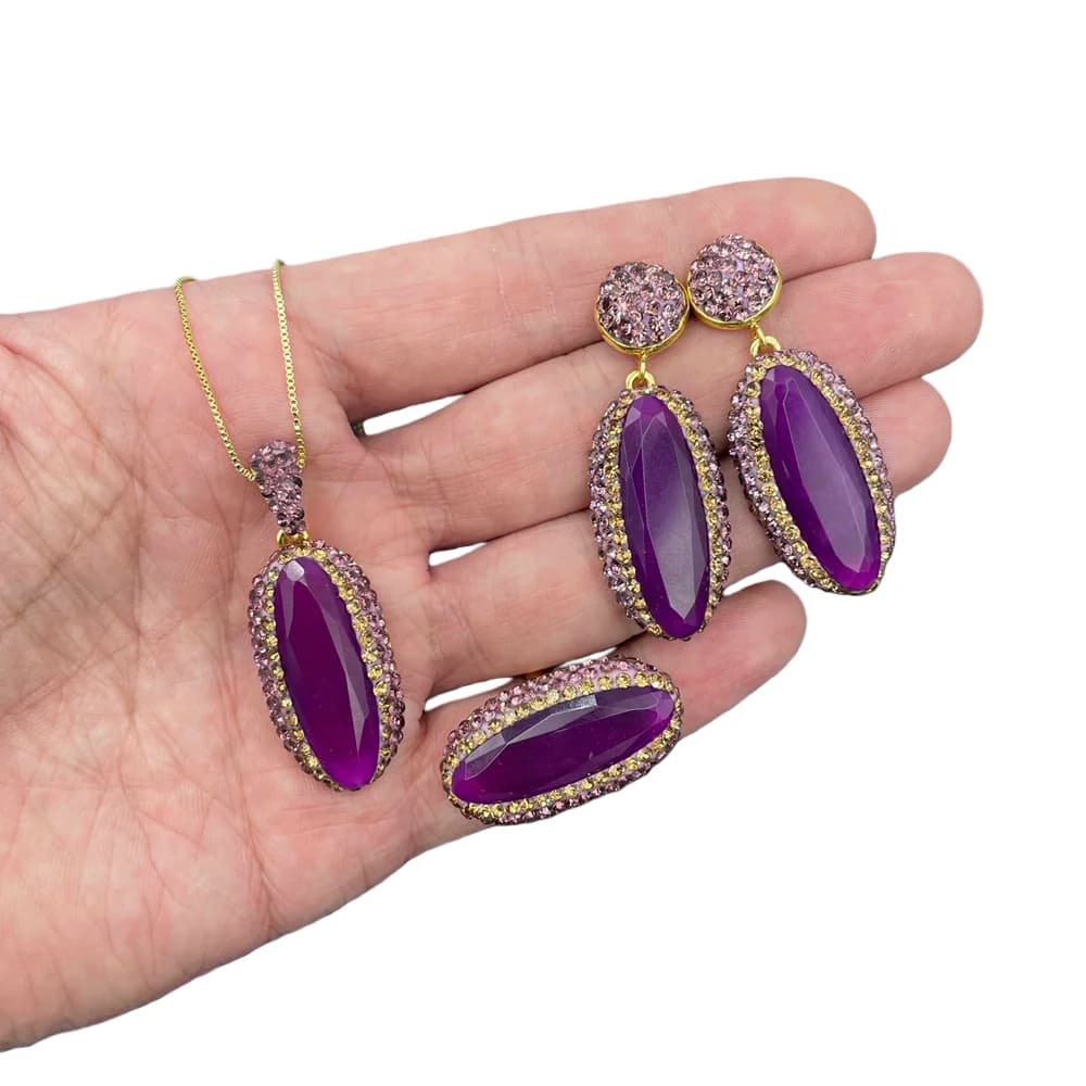 Ensemble de bijoux Vintage en Jade malais naturel violet pour femmes, incrusté de strass ovale, gran