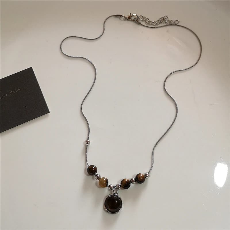 Collier Vintage en cuir avec pendentif soleil en pierre marron, ras du cou perlé, chaîne de clavicul