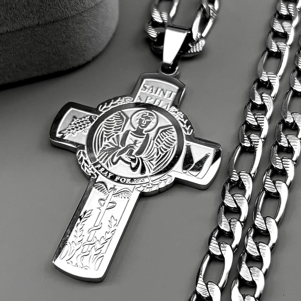 Collier pendentif croix Saint Raphaël chrétien, priez pour nous, pour femmes et hommes, acier inoxyd