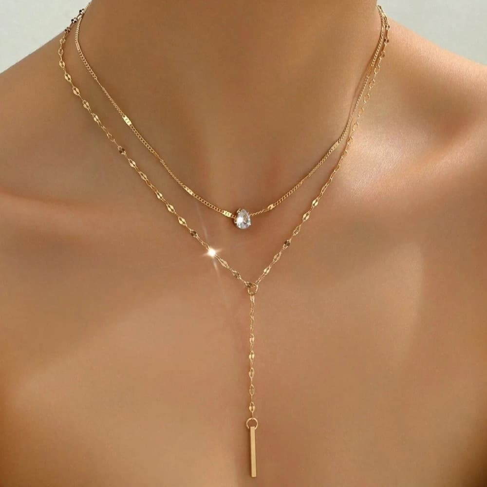 Collier délicat double couche en Y pour femme, pendentif en zircon or et argent, ras-de-cou avec bre