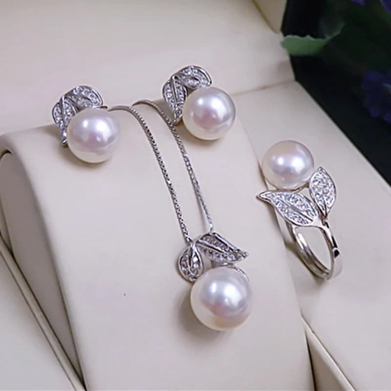 Véritable perle bague collier boucles d'oreilles pour les femmes, naturel d'eau douce blanc perle en