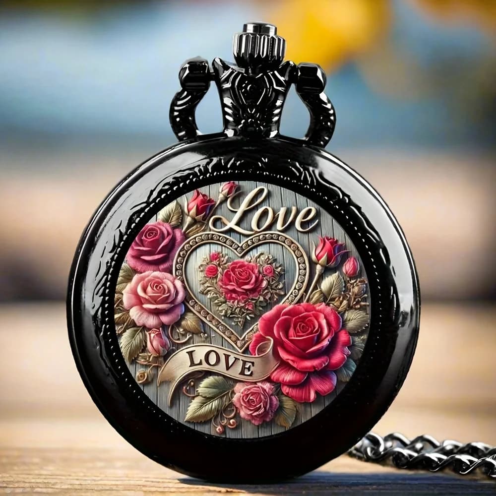 Collier de montre de poche élégant en forme de cœur avec boîtier en alliage, design floral rose et m