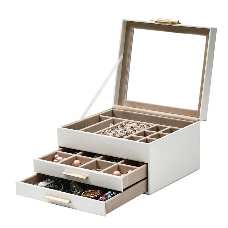 Boîte à bijoux en cuir à 3 couches, organisateur de bijoux, boîtes à bijoux pour femmes avec 2 tiroi